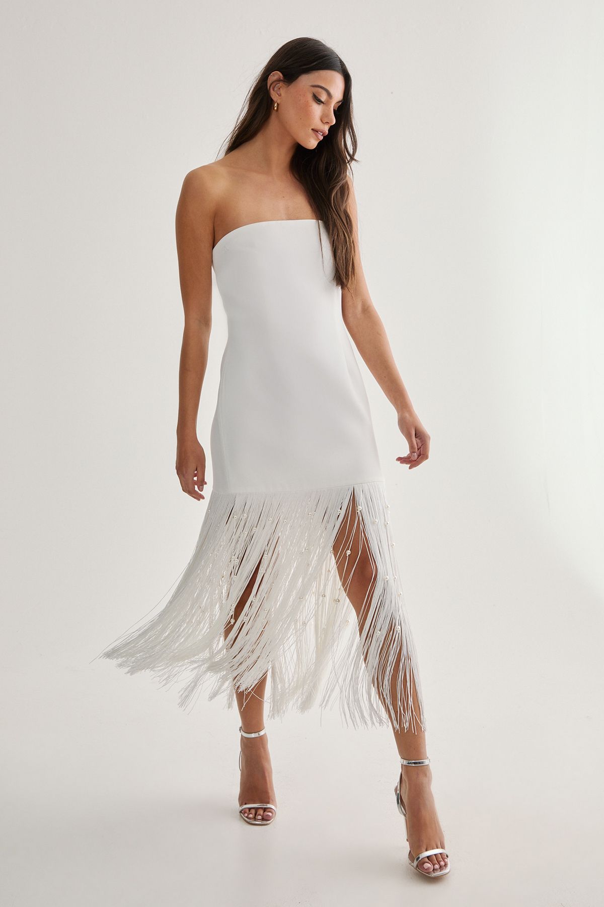 NastyGal Tailored Pearl Fringe Trim Midi Dress Ivory image 4
