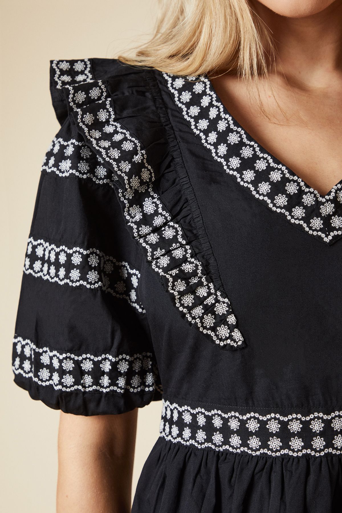 Dorothy Perkins Embroidered Trim Ruffle Shoulder Mini Dress Black image 5