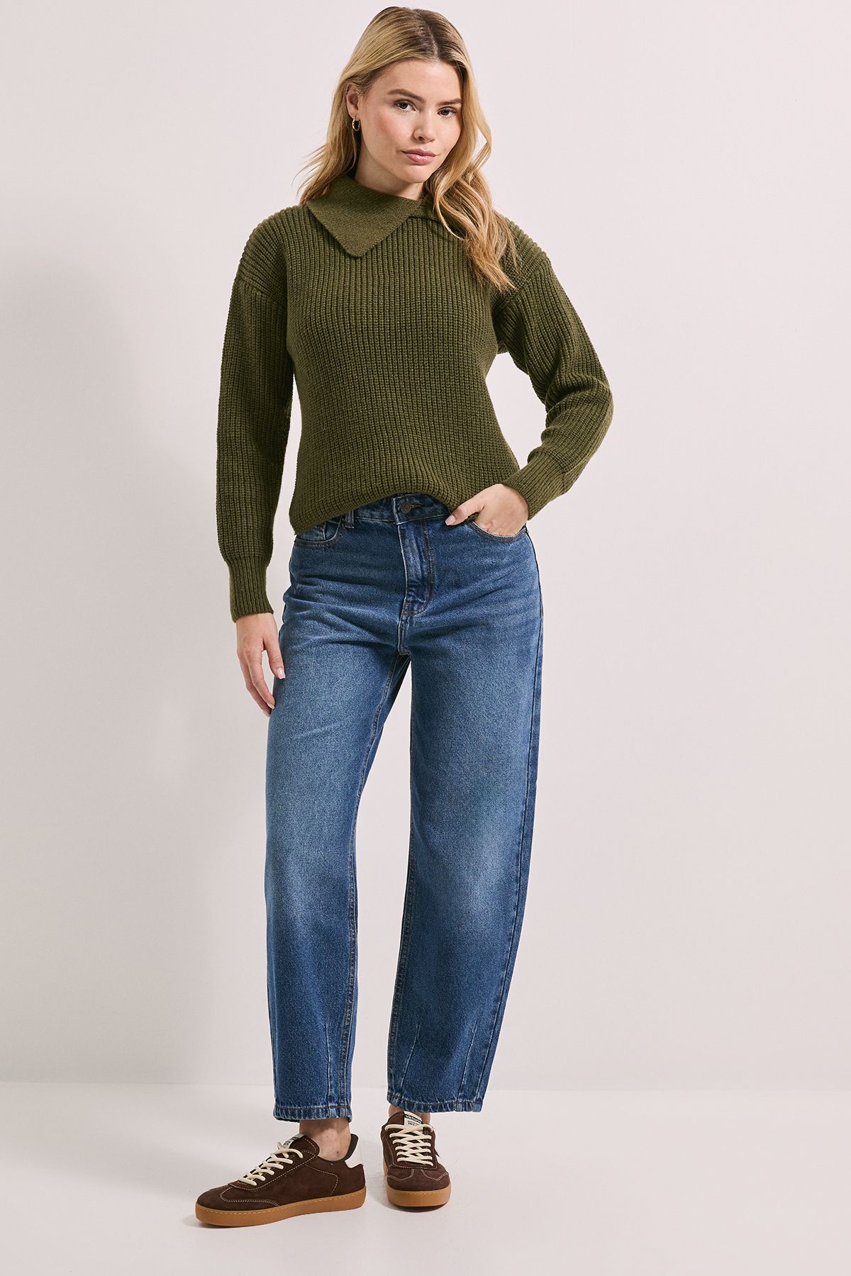 Dorothy Perkins Split Neck Ribbed Jumper Khaki image 2