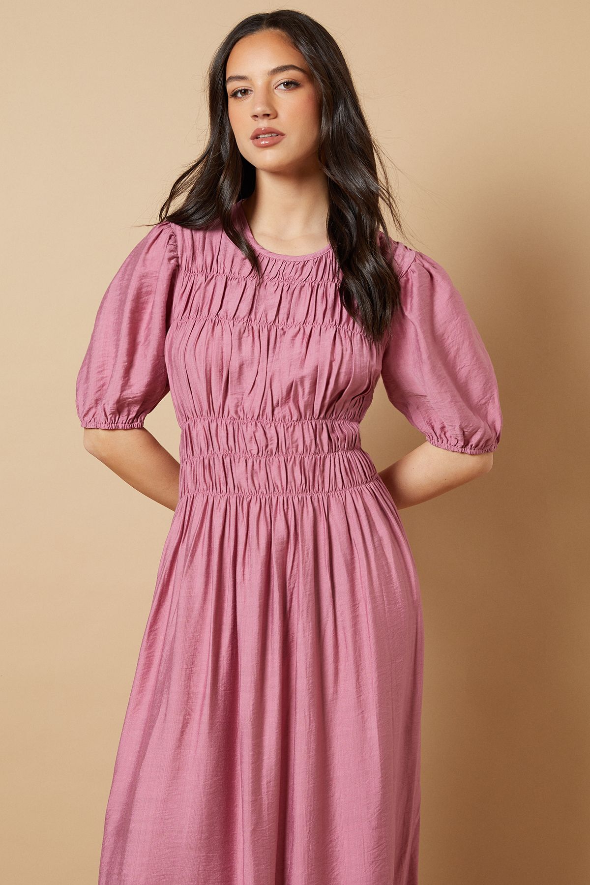 Oasis Shirred Bodice Puff Sleeve Midi Dress Pink image 4