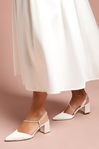 Coast Wide Fit Deyla Bridal Satin Diamante Asymmetric Strap High Block Heel Court Shoes White