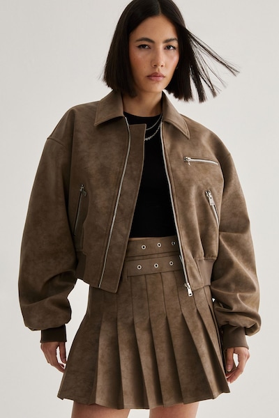 NastyGal Distressed Faux Leather Bomber Jacket Brown