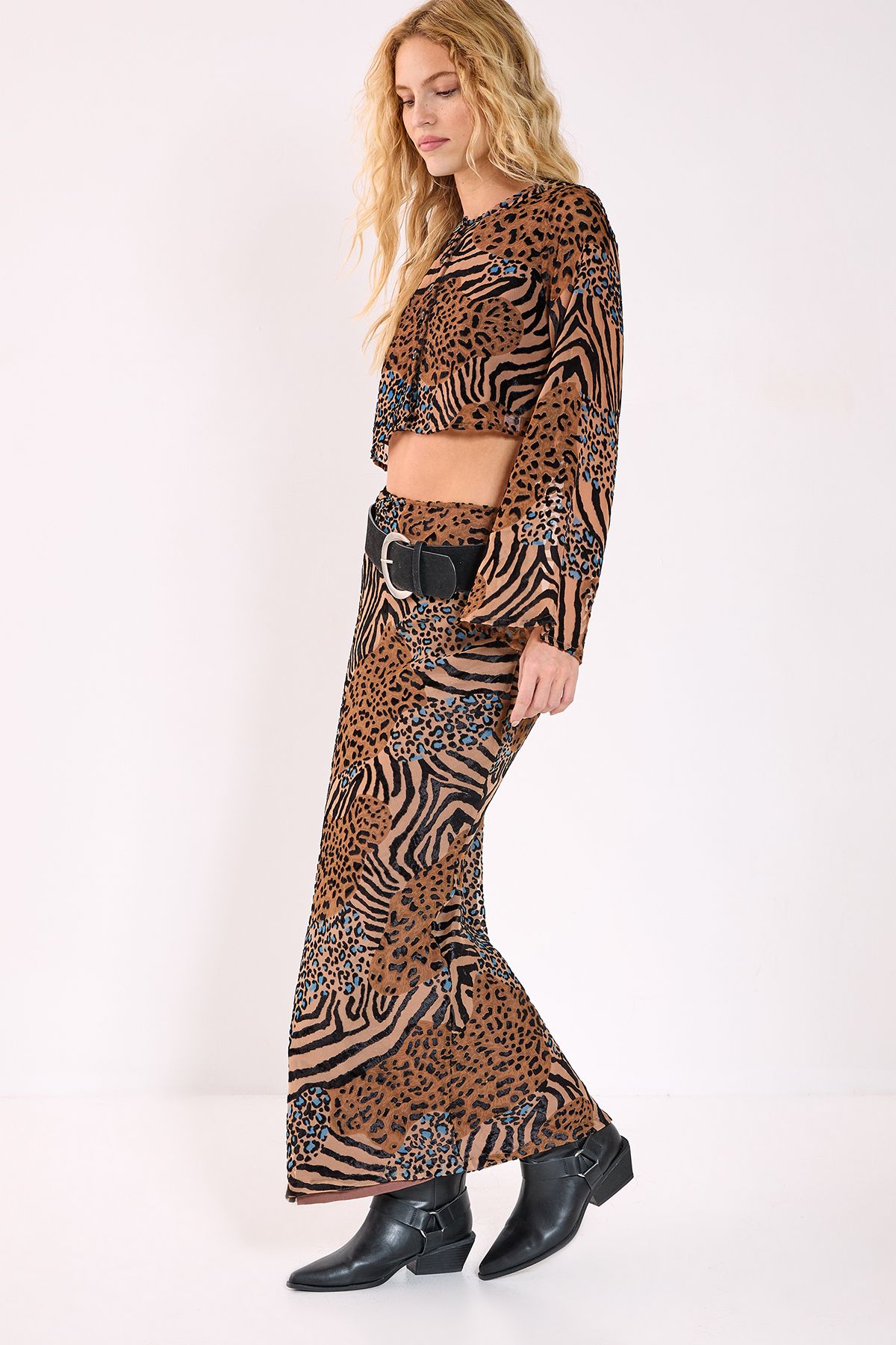 NastyGal Mixed Animal Devore Bias Maxi Skirt Co-ord Tan