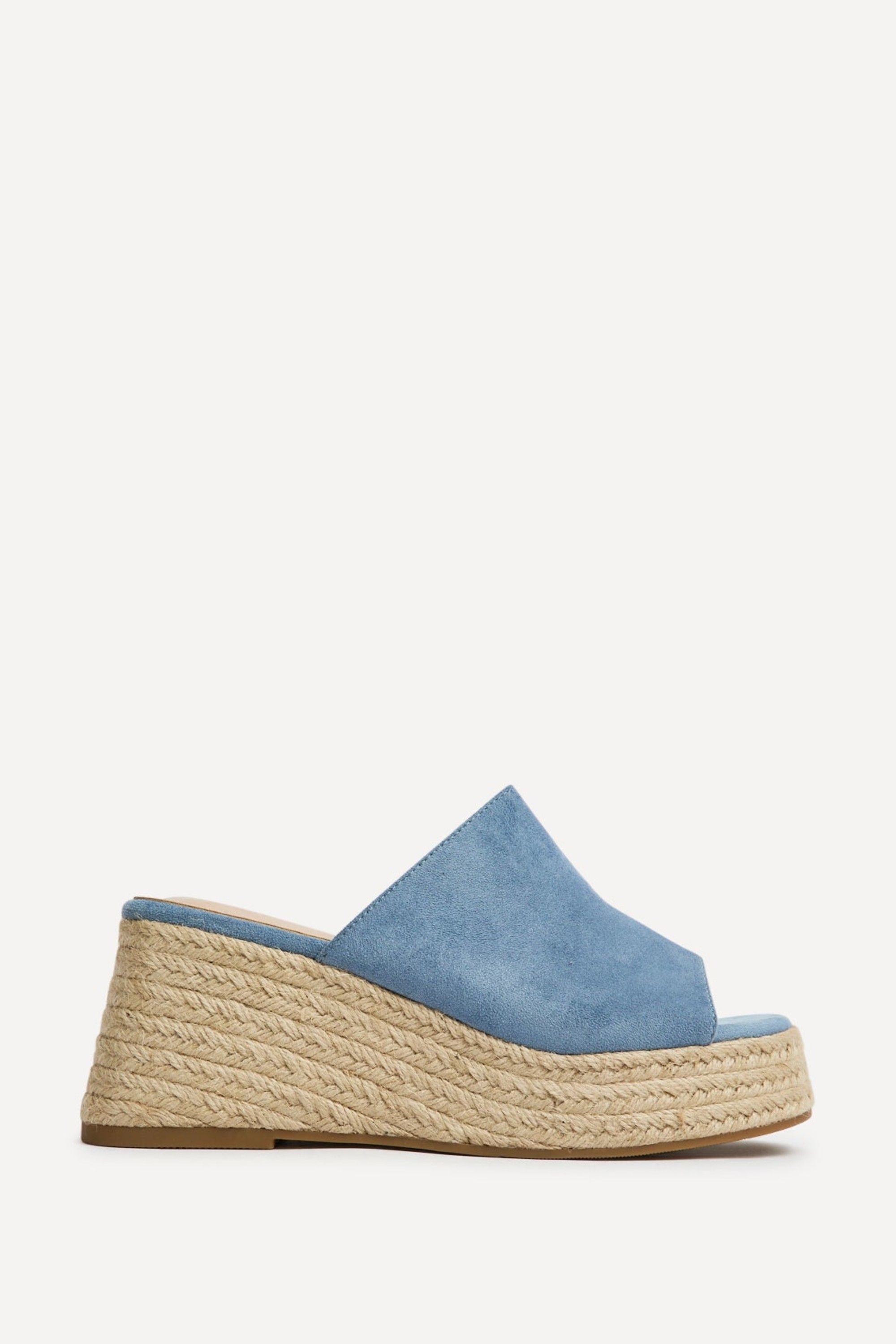 Linzi Espresso Pale Blue Faux Suede Espadrille Mule Wedges