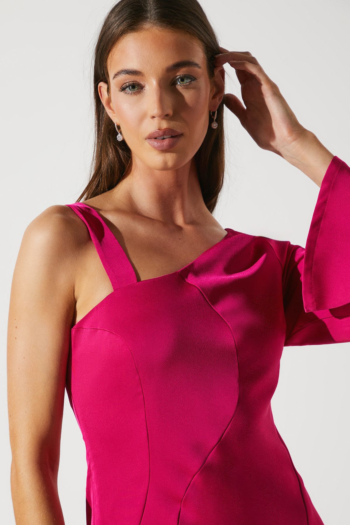 Coast One Shoulder Satin Midi Wedding Guest Dress Hot Pink image 5