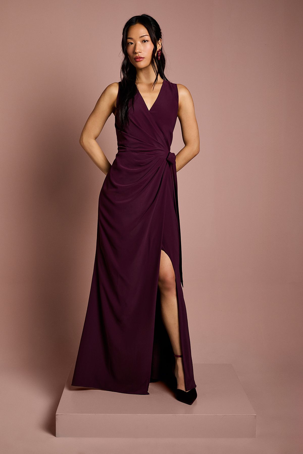 Coast V Neck Wrap Detail Crepe Maxi Bridesmaid Dress Fig