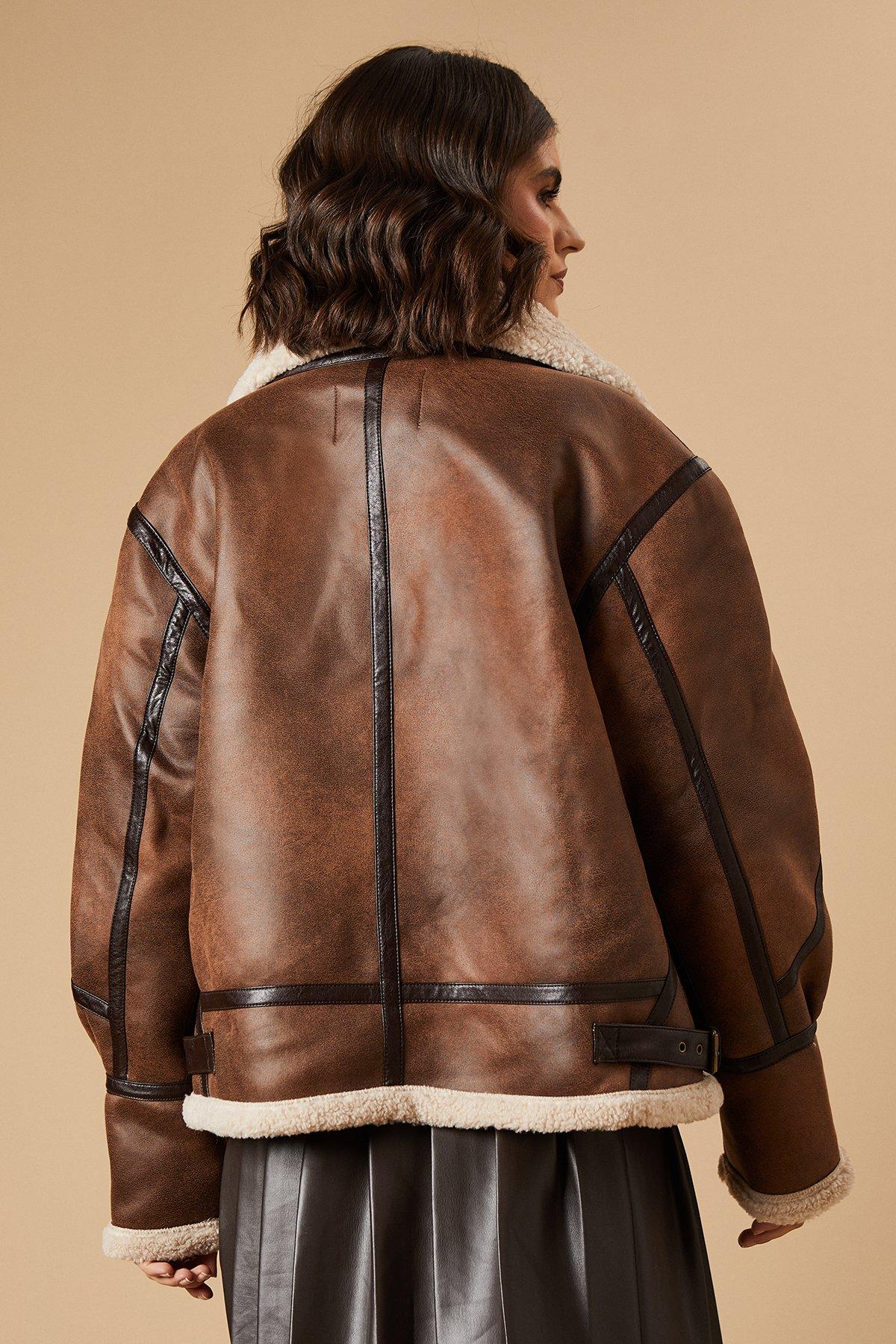 Oasis Faux Suede Borg Detail Aviator Jacket Chocolate image 3