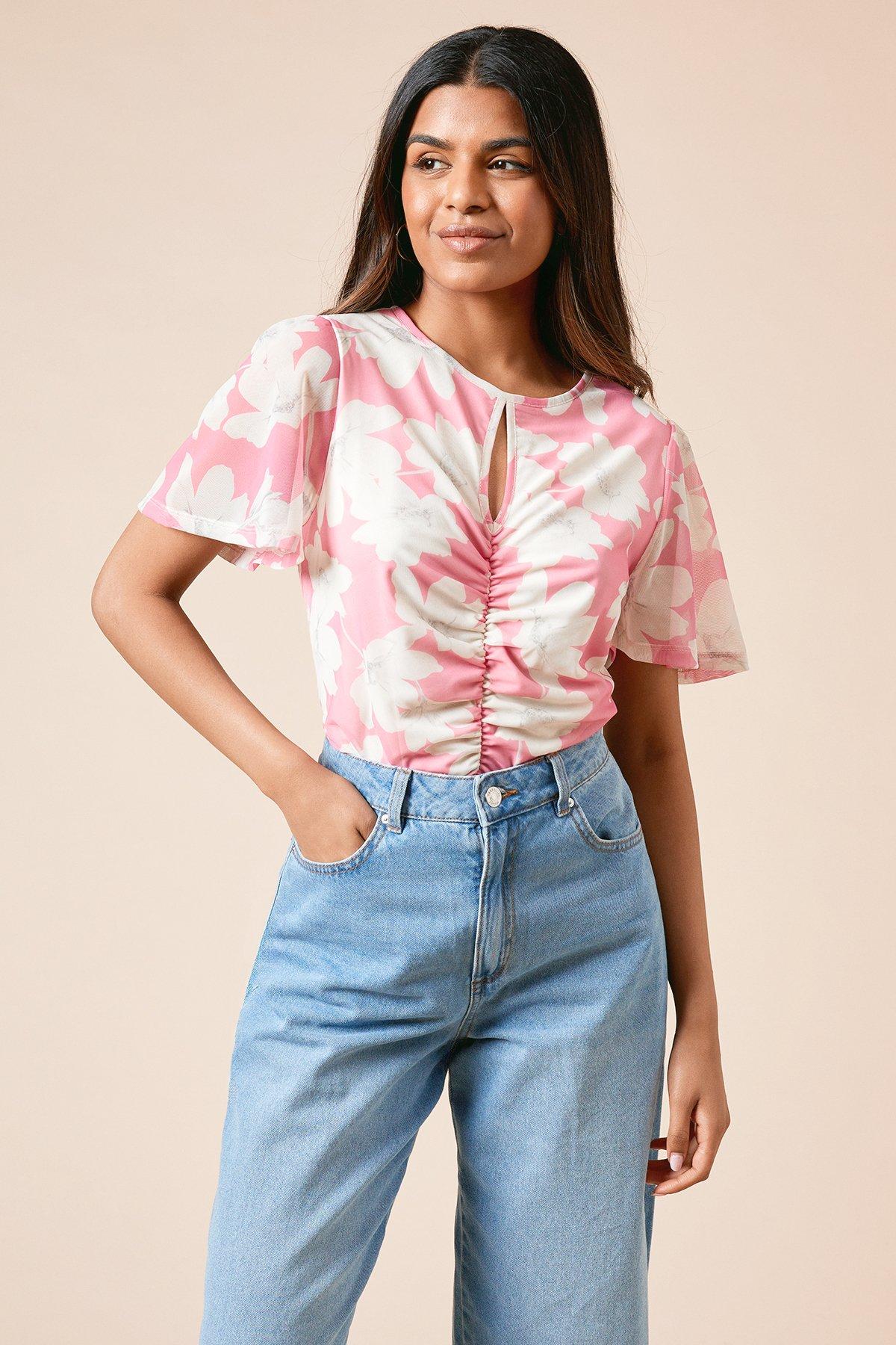 Dorothy Perkins Petite Pink Floral Keyhole Ruched Front Angel Sleeve Jersey Mesh Top Pink image 1