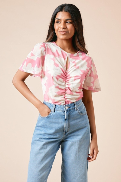 Dorothy Perkins Petite Pink Floral Keyhole Ruched Front Angel Sleeve Jersey Mesh Top Pink
