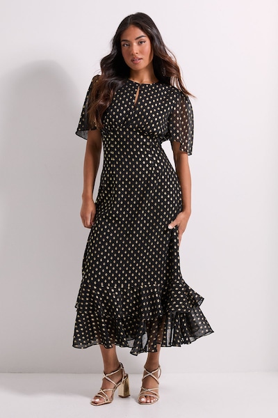 Dorothy Perkins Petite DP Luxe Metallic Spot Chiffon Ruffle Hem Midi Dress Black