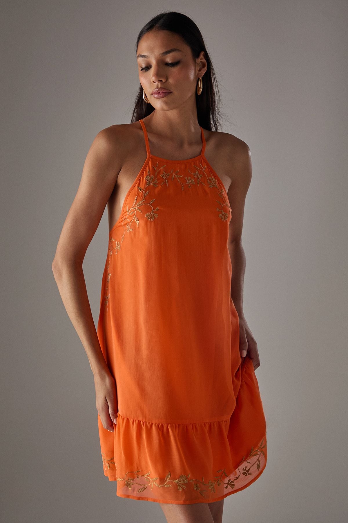 Warehouse HCD Chiffon Embroidered Halter Mini Dress Pink image 4