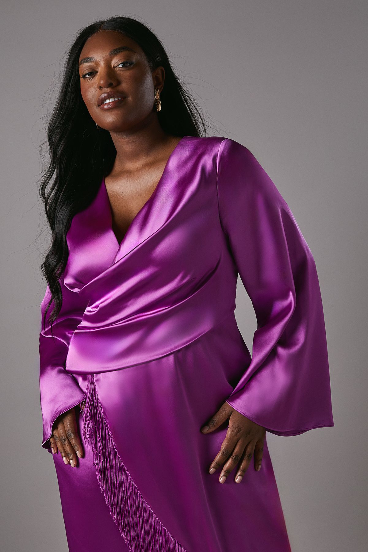 Coast Plus Satin Wrap Dress With Fringe Detail Purple image 3