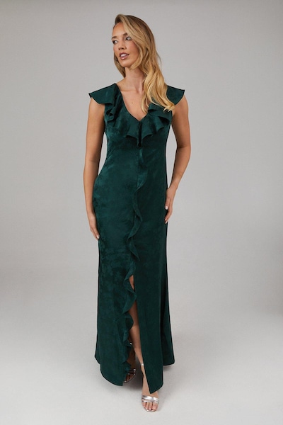 Oasis Satin Jacquard Ruffle V Neck Bridesmaids Dress Emerald