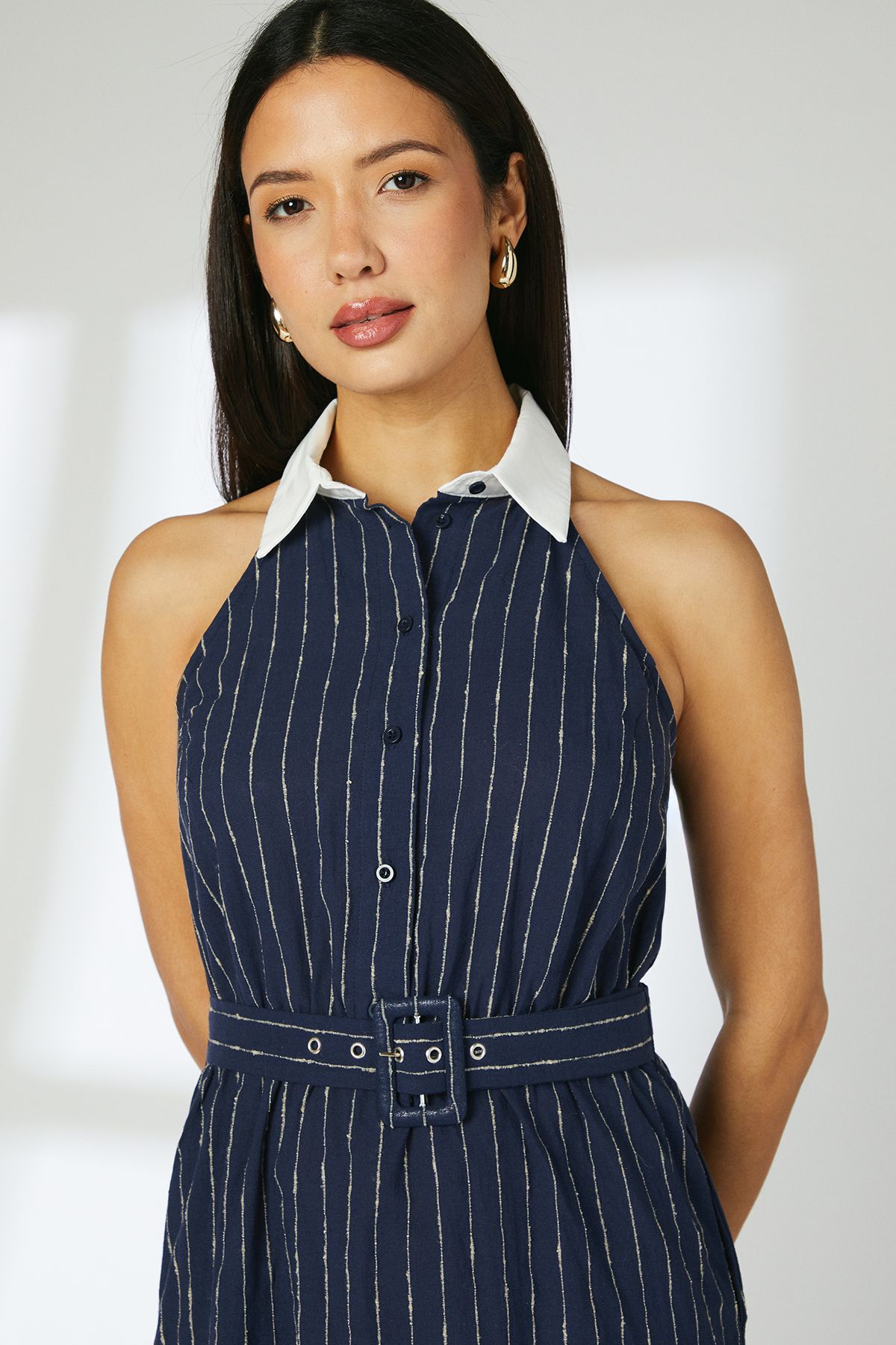 Principles Navy Pinstripe Collared Halterneck Midi Dress Navy image 3
