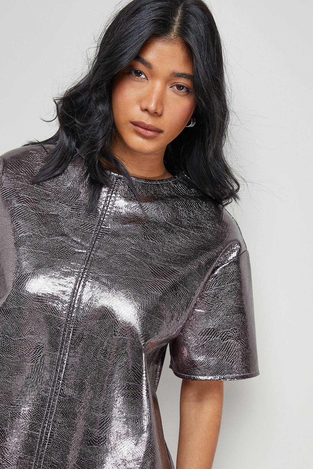 Warehouse Metallic Faux Reptile Leather Tshirt Mini Dress Chocolate image 4