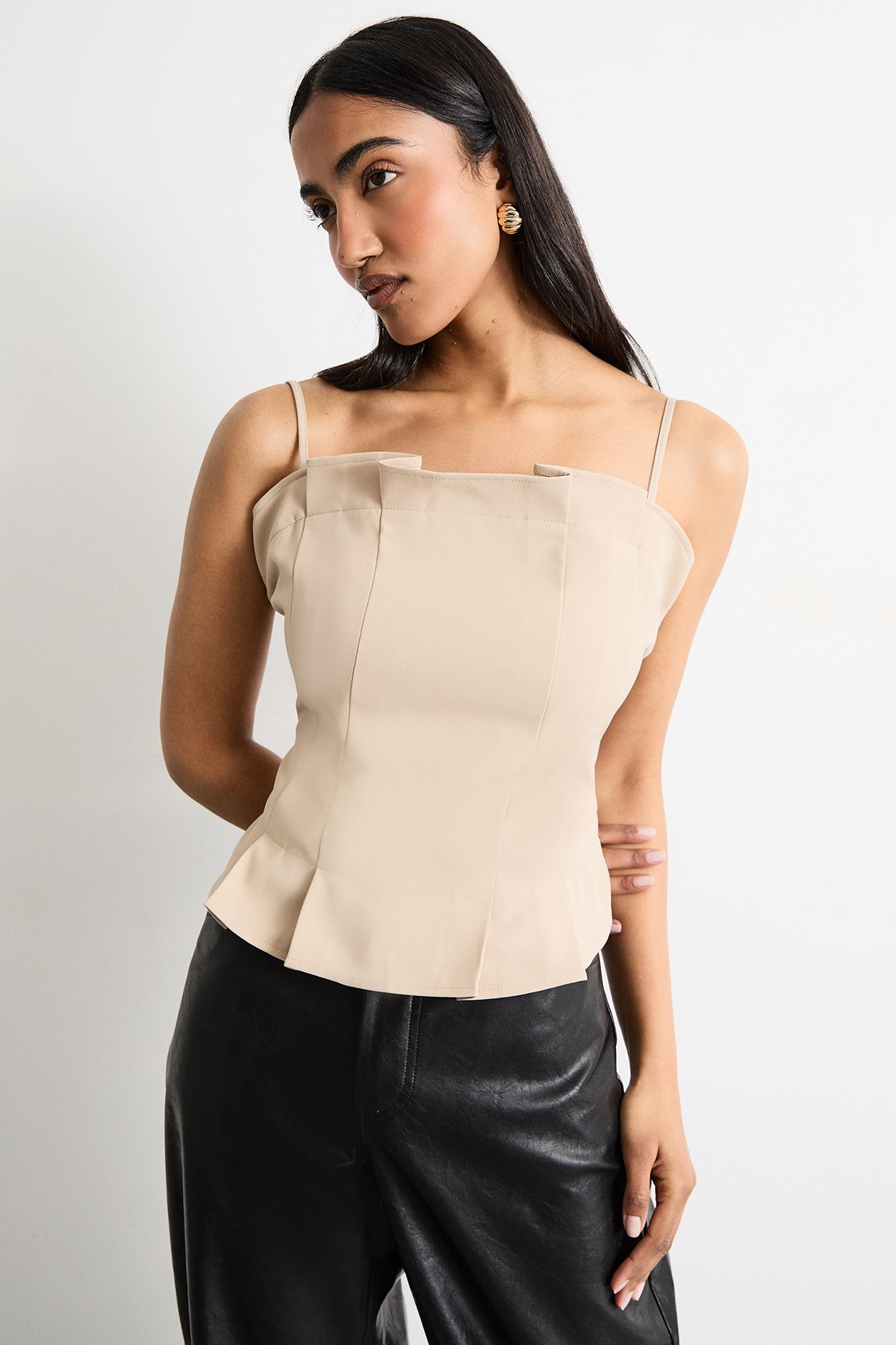 Warehouse Pleated Detail Bandeau Fitted Body Top Stone image 1