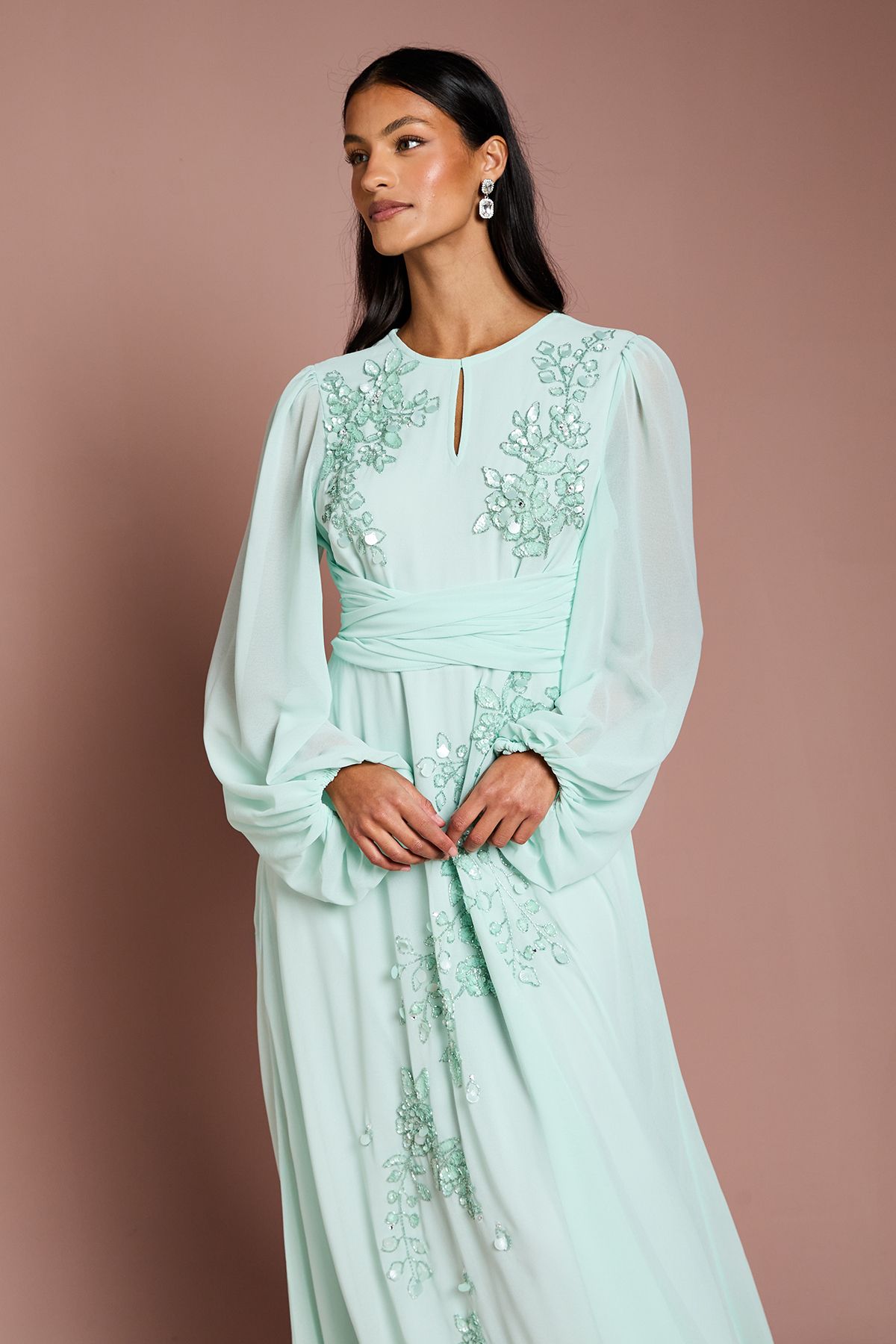 Coast Petite Long Sleeve Wrap Waist Embellished Floral Maxi Dress Mint image 2