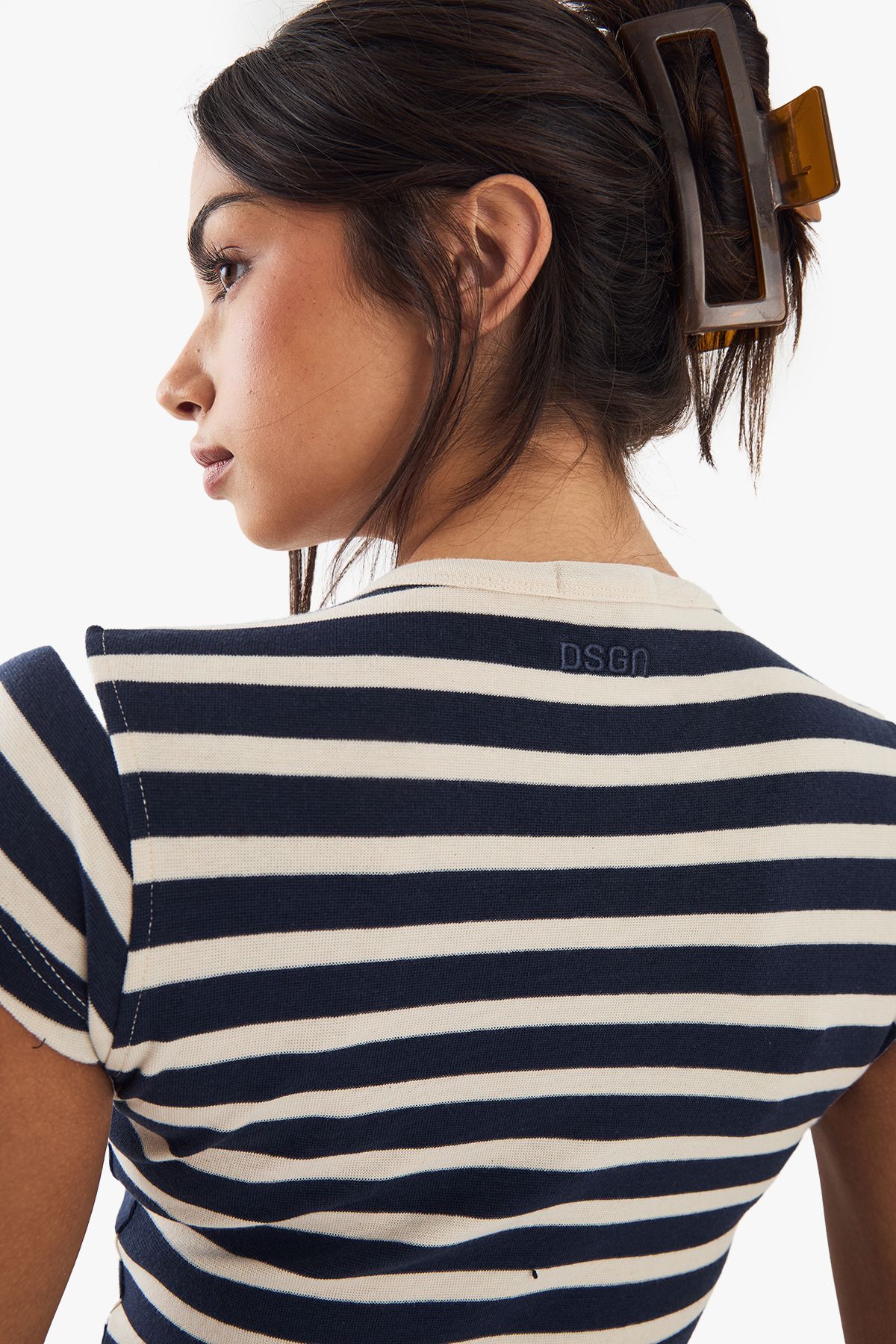 DSGN Studio DSGN Studio Stripe Button Detail Short Sleeve Top Navy image 3