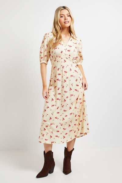 Dorothy Perkins Yellow Ditsy Collared Button Detail Puff Sleeve Midi Dress Yellow