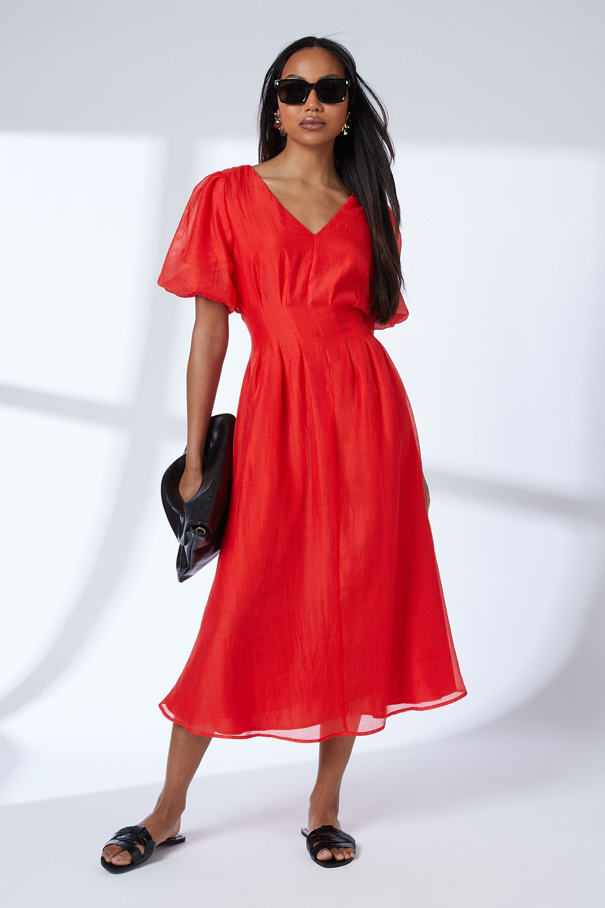 Principles Pleat Detail Puff Sleeve Midi Dress Red image 1
