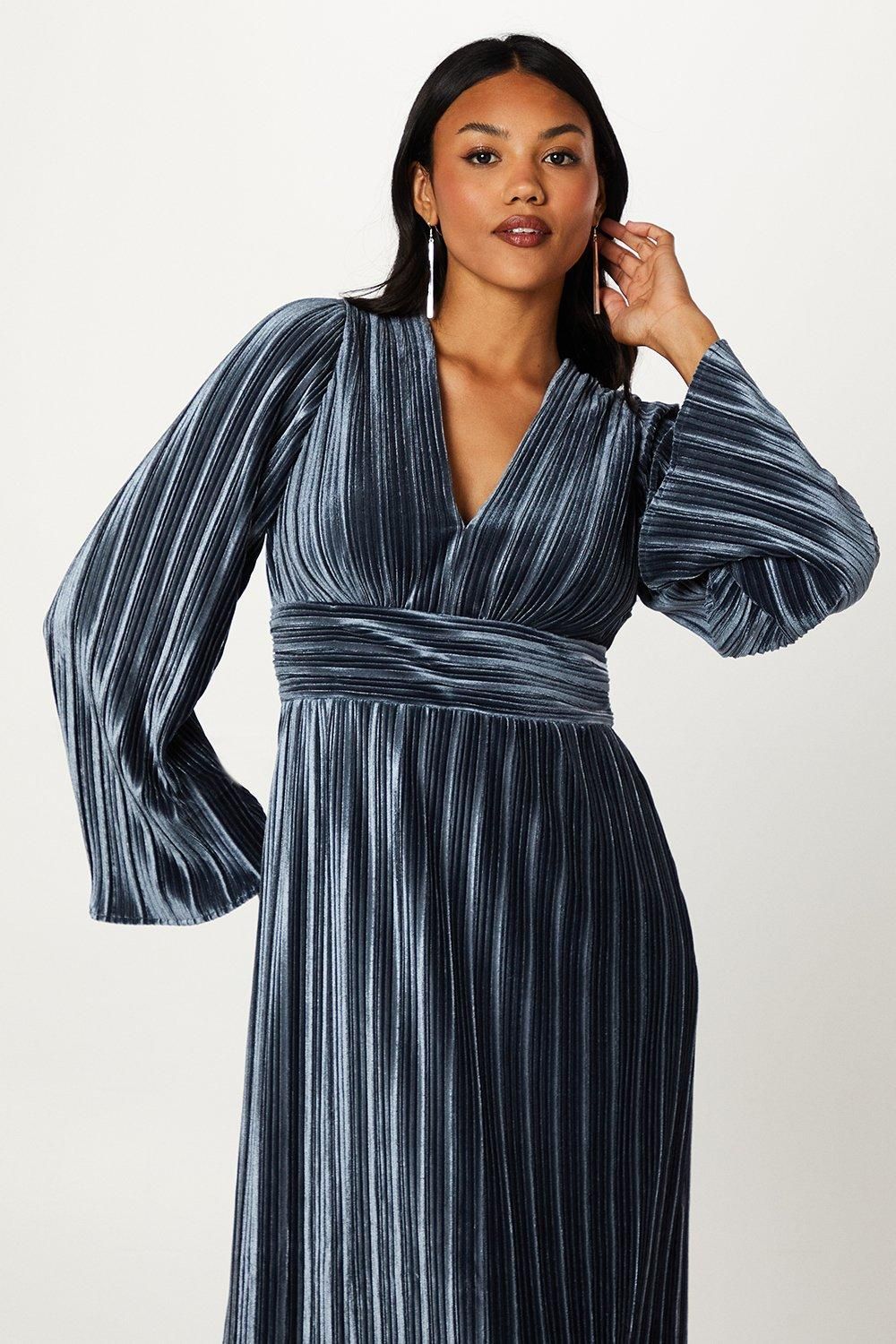 Coast Pleated Velvet Long Sleeve Pencil Dress Steel image 4