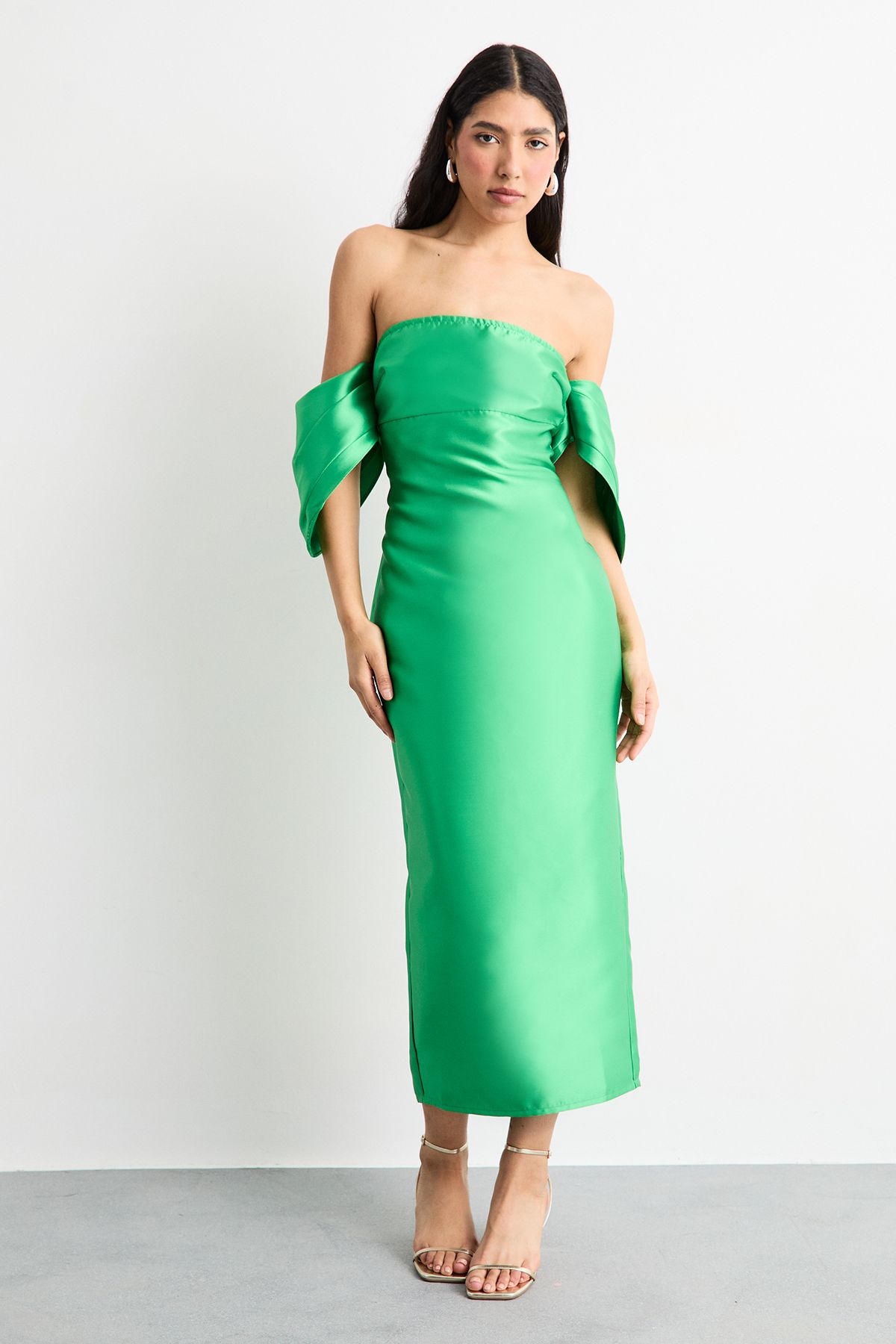Warehouse Structured Puff Sleeve Bardot Midi Dress Bright Green image 4