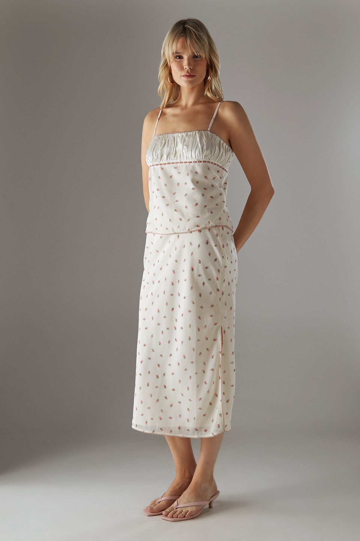 Warehouse Georgette Lace Trim Bias Midi Skirt Floral image 4