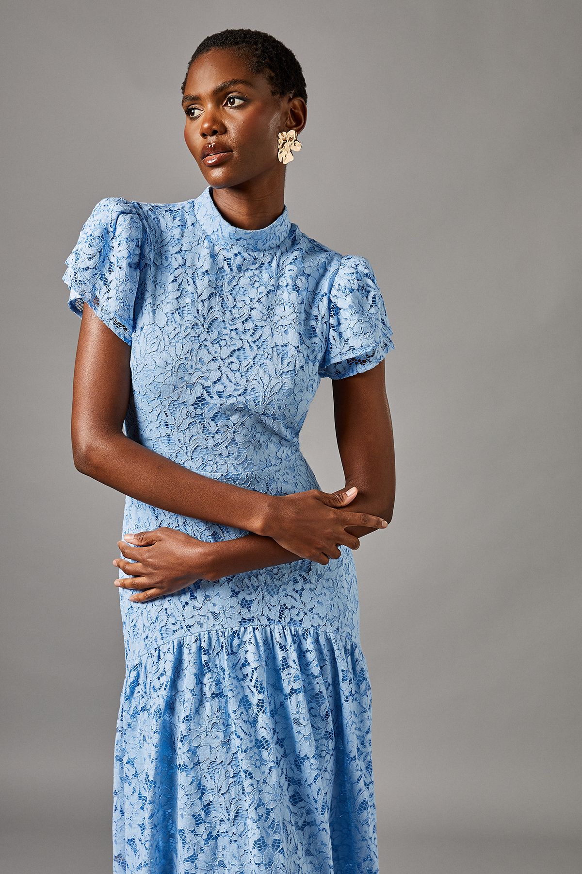 Coast Lace Frill Sleeve High Neck Midi Dress Pale Blue image 2