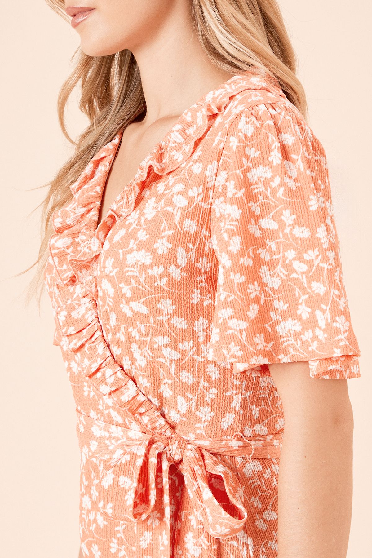 Dorothy Perkins Coral Ditsy Ruffle Neck Angel Sleeve Wrap Jersey Midi Dress Coral image 4