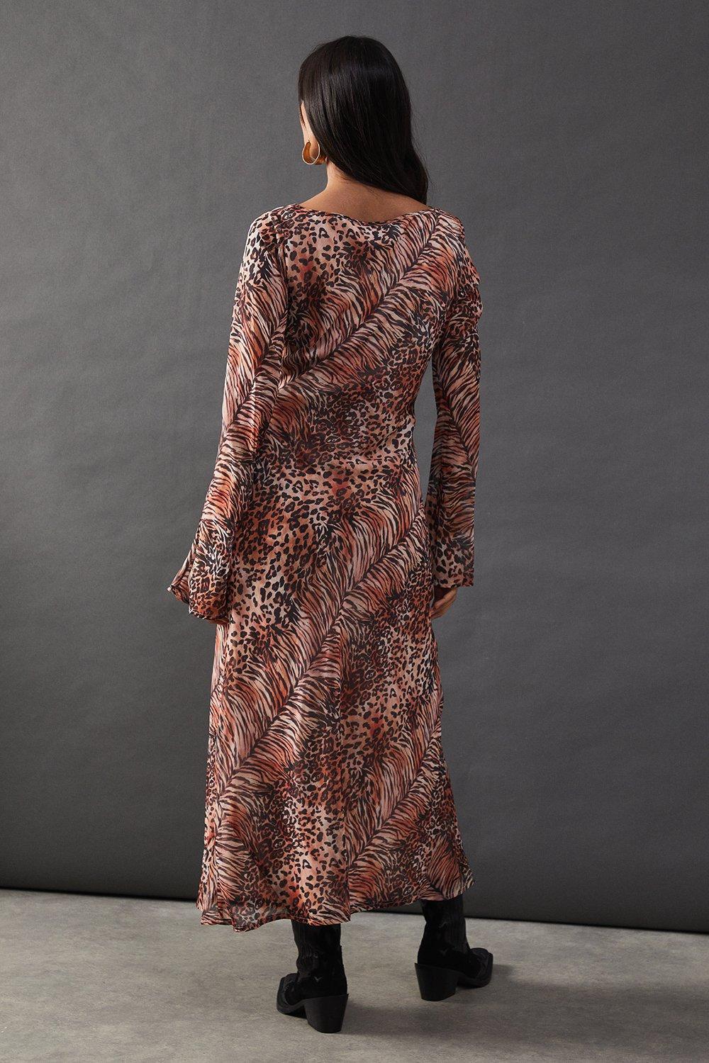 Warehouse Chiffon Tie Keyhole Front Bias Midi Dress Animal image 3