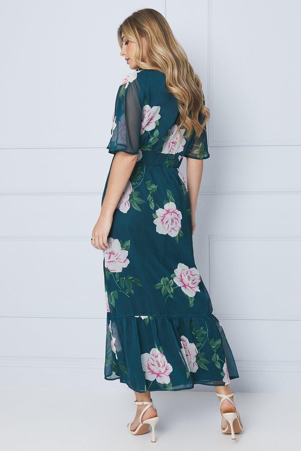 Dorothy Perkins Floral Chiffon Shirred Waist Frill Hem Midi Dress Green image 3