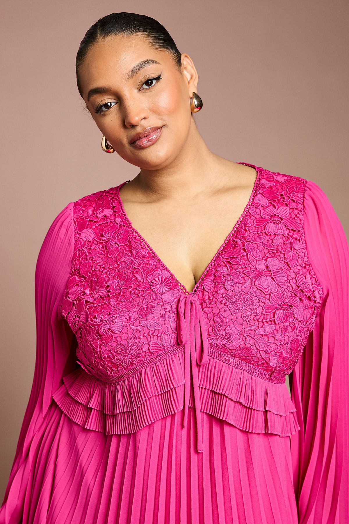 Coast Plus Lace Insert Long Sleeve Pleat Dress Magenta image 4