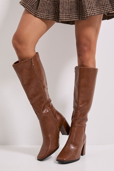 Dorothy Perkins Wide Fit Kristen Faux Leather Square Toe High Heel Knee Boots Dark Tan