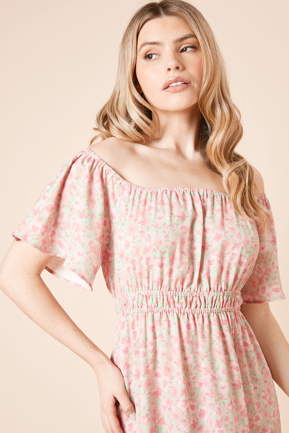 Dorothy Perkins Floral Bardot Full Skirted Midi Dress Floral image 3