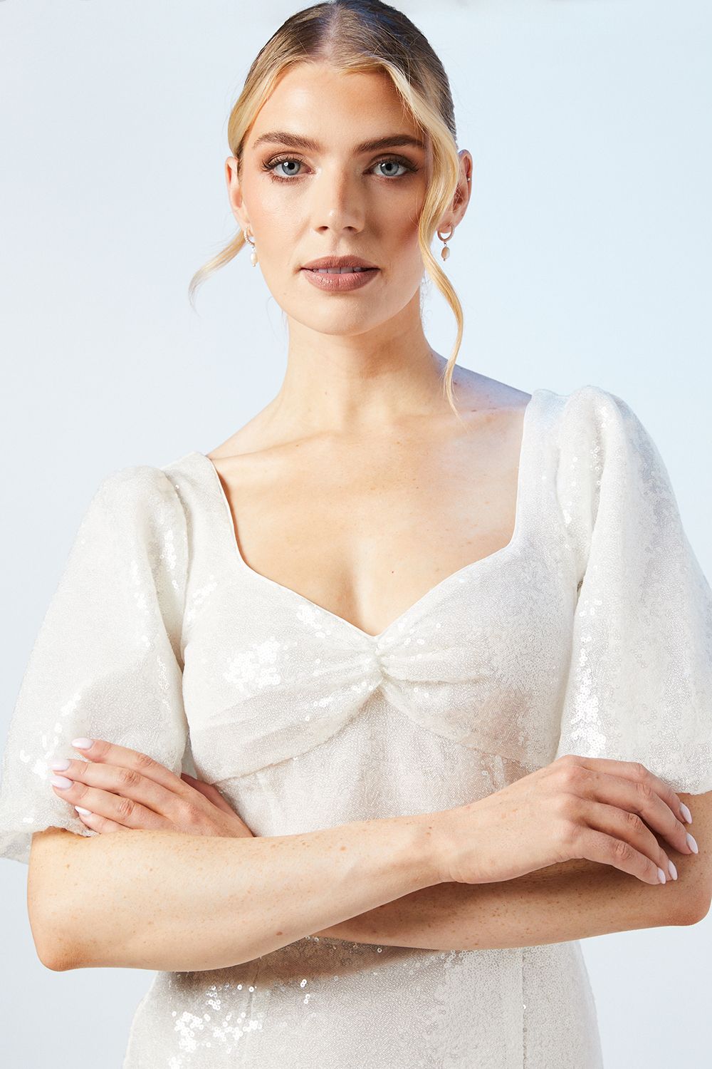 Oasis Sweetheart Puff Sleeve Sequin Bridal Mini Dress Ivory image 4