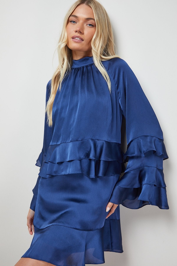 Oasis Layered Ruffle Sleeve Bow Back Mini Dress Navy