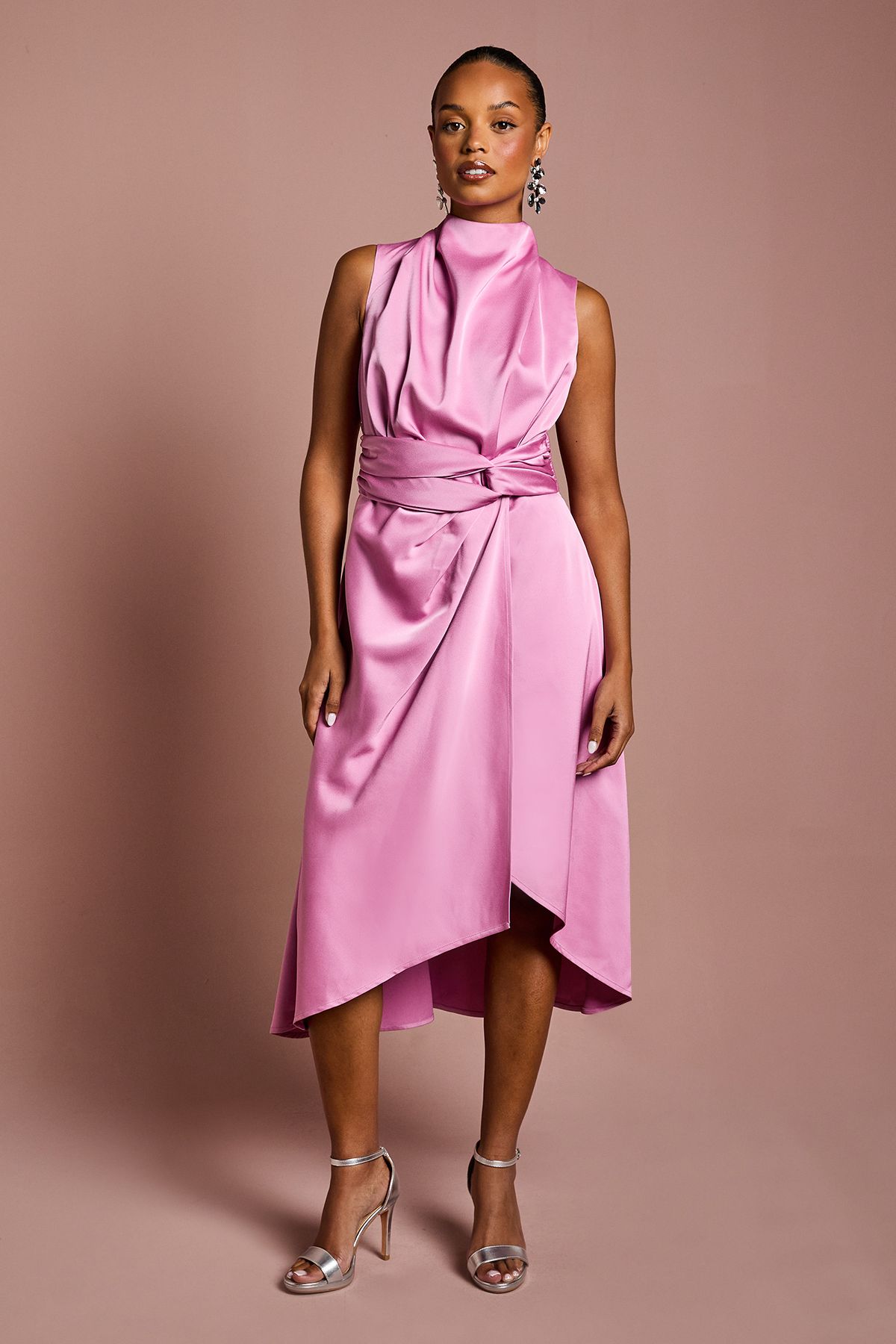 Coast Petite Satin Midi Dress With Twist Waist Pink image 1