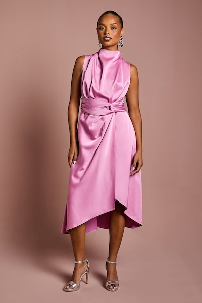 Coast Petite Satin Midi Dress With Twist Waist Pink