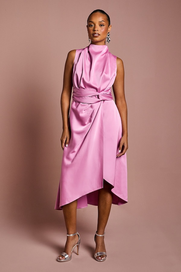 Coast Petite Satin Midi Dress With Twist Waist Pink
