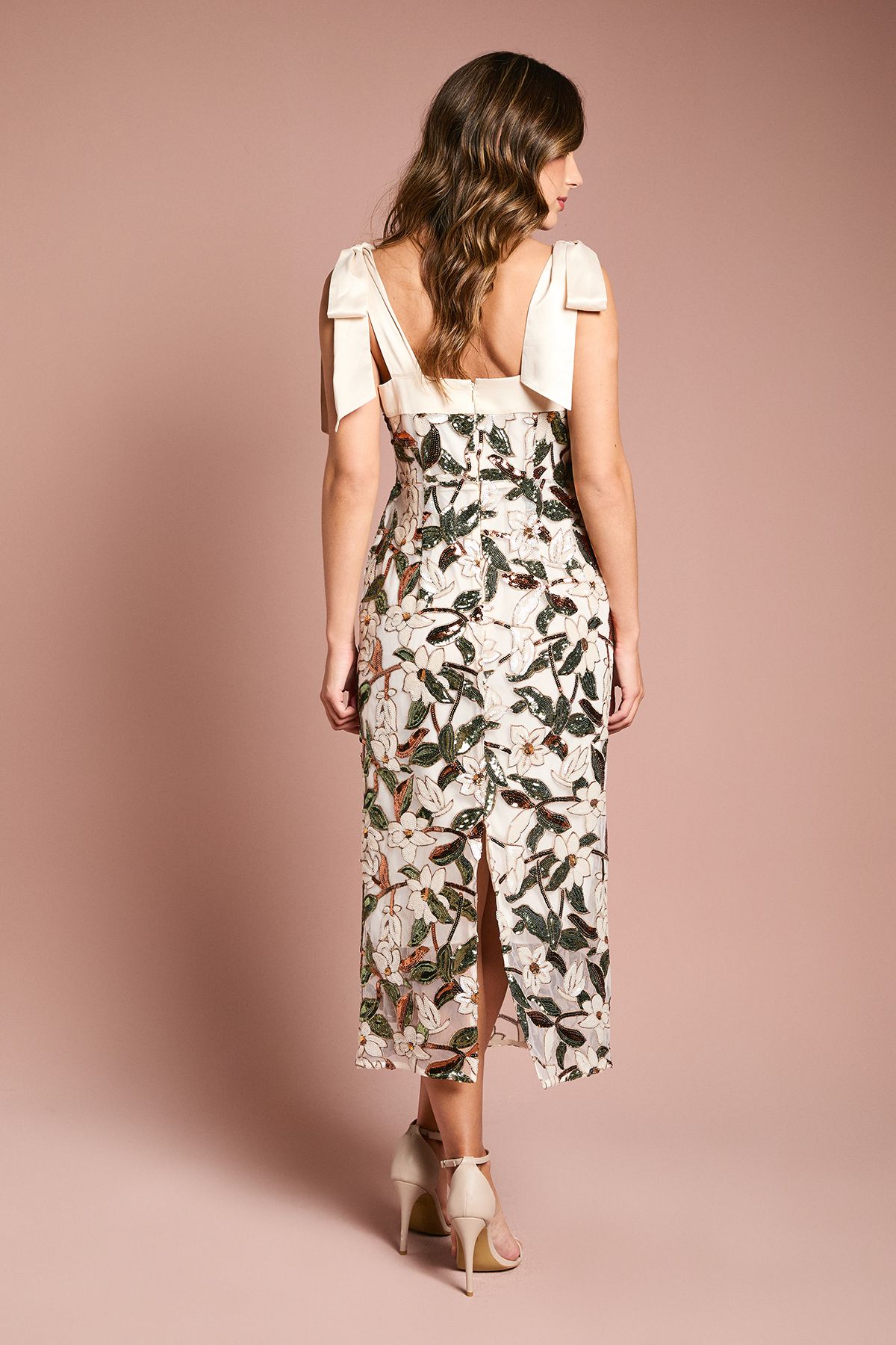 Coast Satin Trim Floral Sequin Column Midi Dress Nude image 4