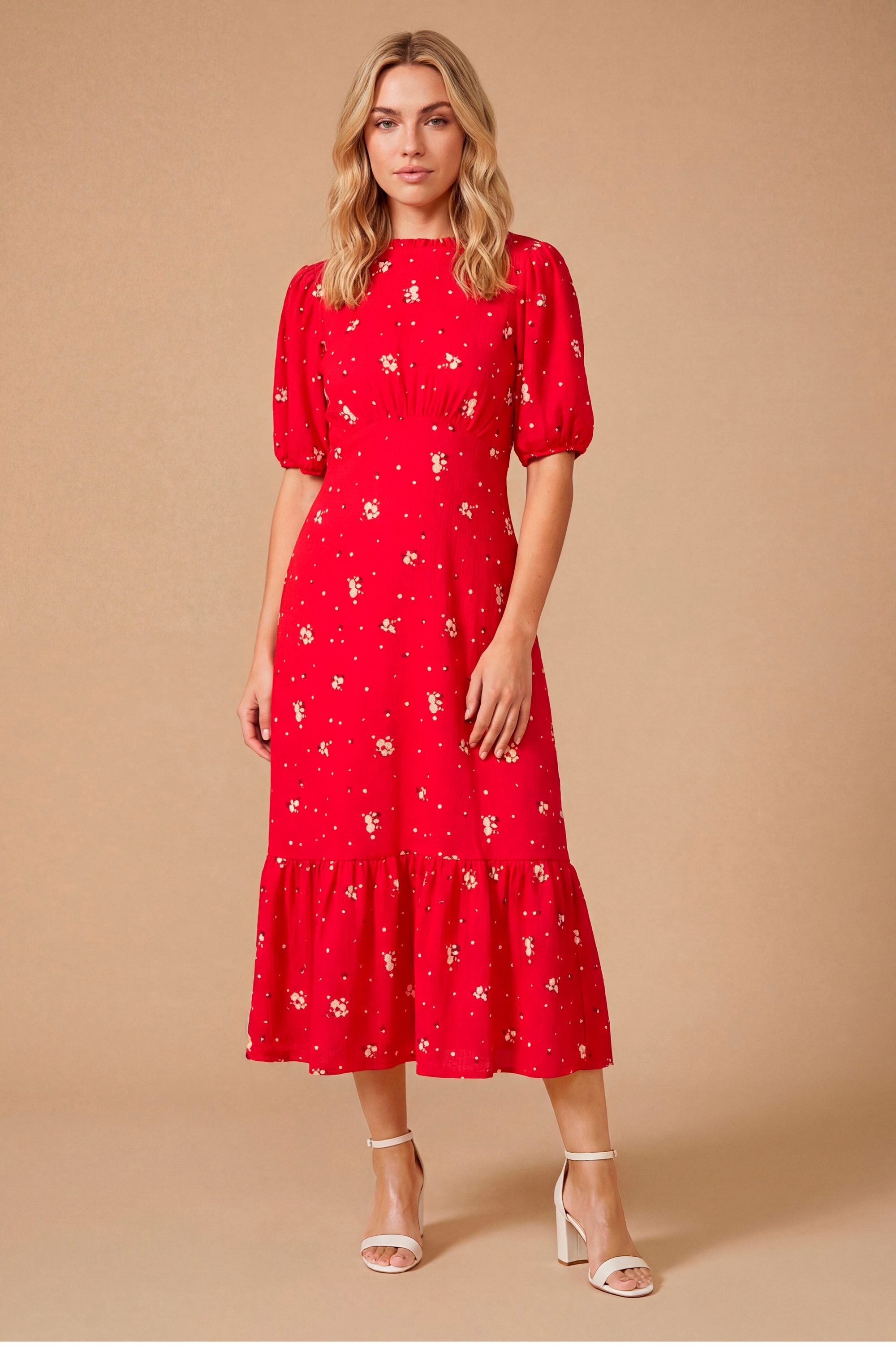 Dorothy Perkins Red Ditsy Tie Back Tiered Jersey Midi Dress Red
