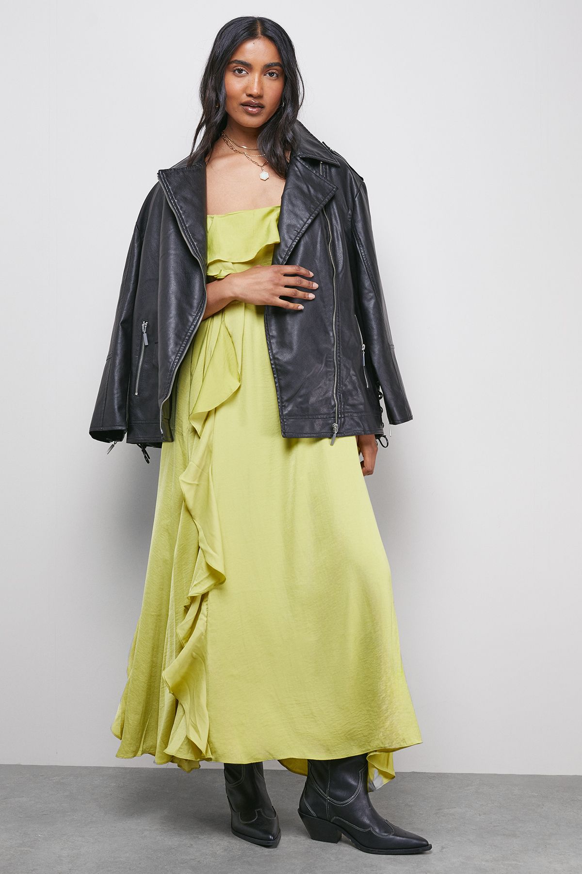 Warehouse Satin Strappy Ruffle Midi Dress Chartreuse image 1