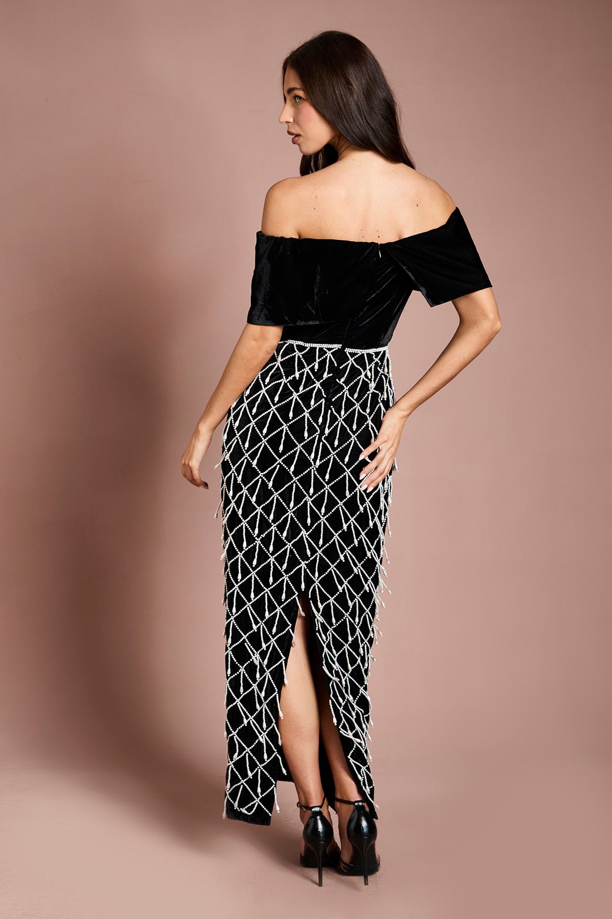 Coast Atelier Velvet Corset Pearl Embellished Maxi Dress Black image 3