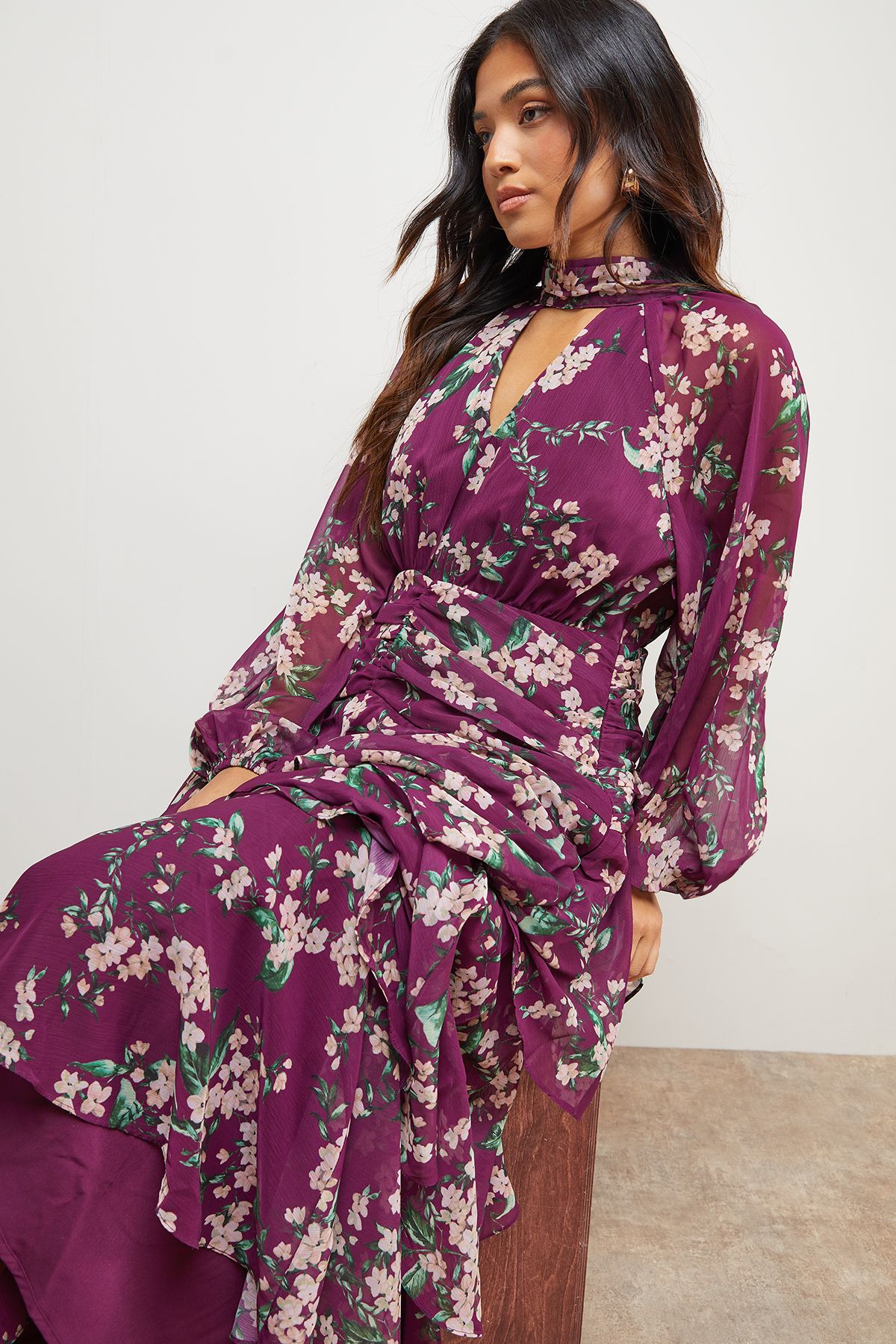 Oasis Petite Printed Ruffle Tiered High Neck Maxi Dress Purple image 2