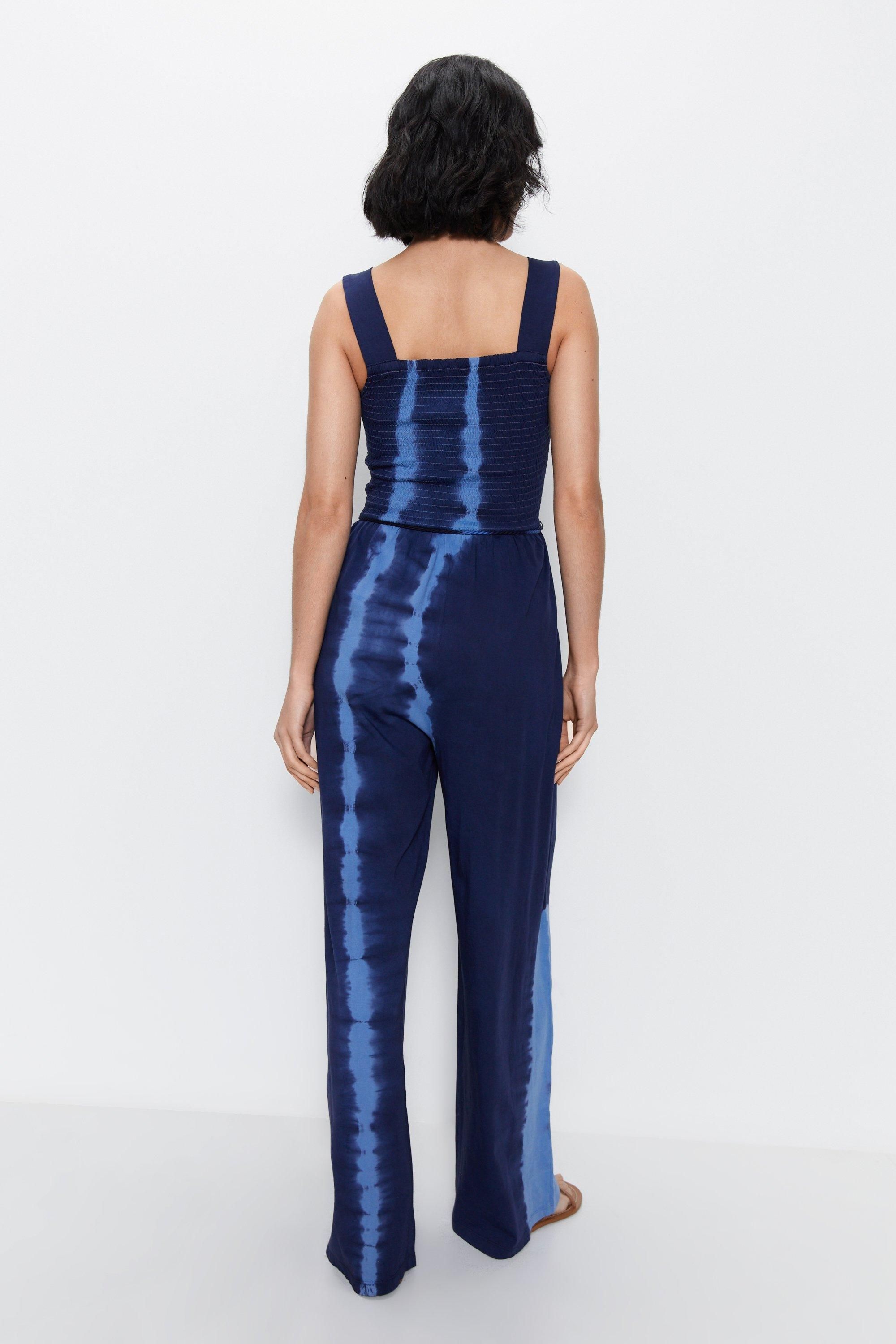 Warehouse Tie Dye Tie Waist Shirred Jumpsuit Blue image 4