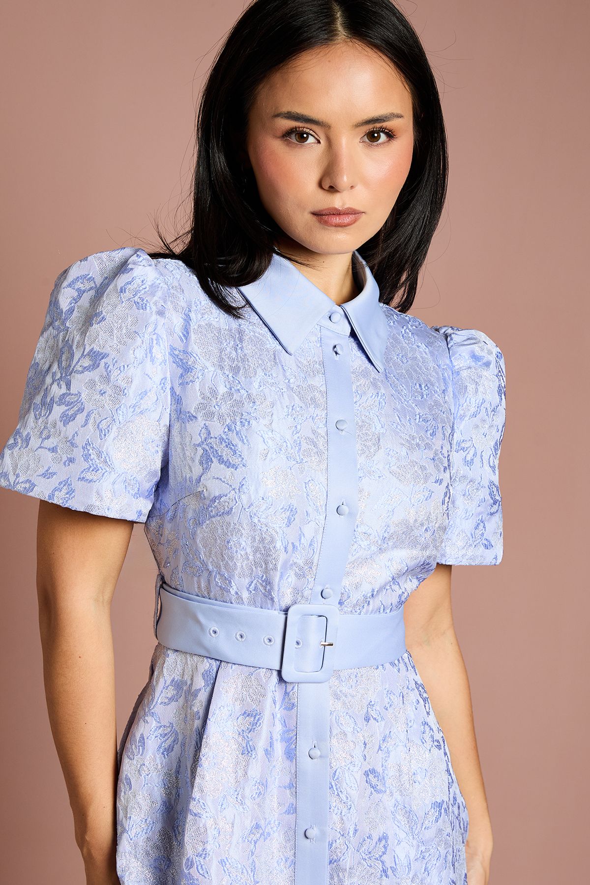 Coast Petite Short Sleeve Shirt Jacquard Midi Dress Blue image 2