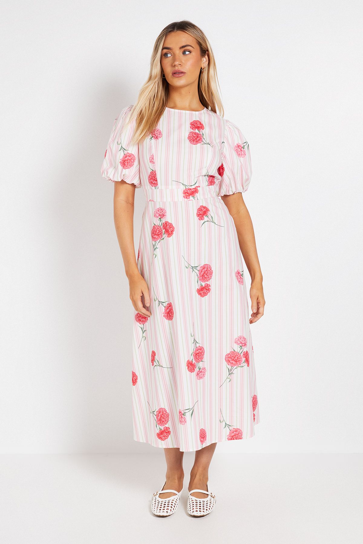 Dorothy Perkins Puff Sleeve Princess Seam Poplin Midi Dress Pink