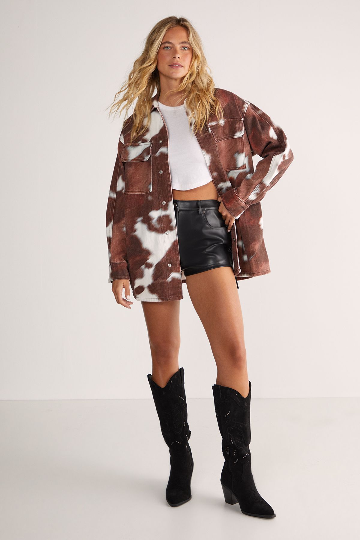 NastyGal Animal Cow Print Denim Oversized Shirt Chocolate image 1