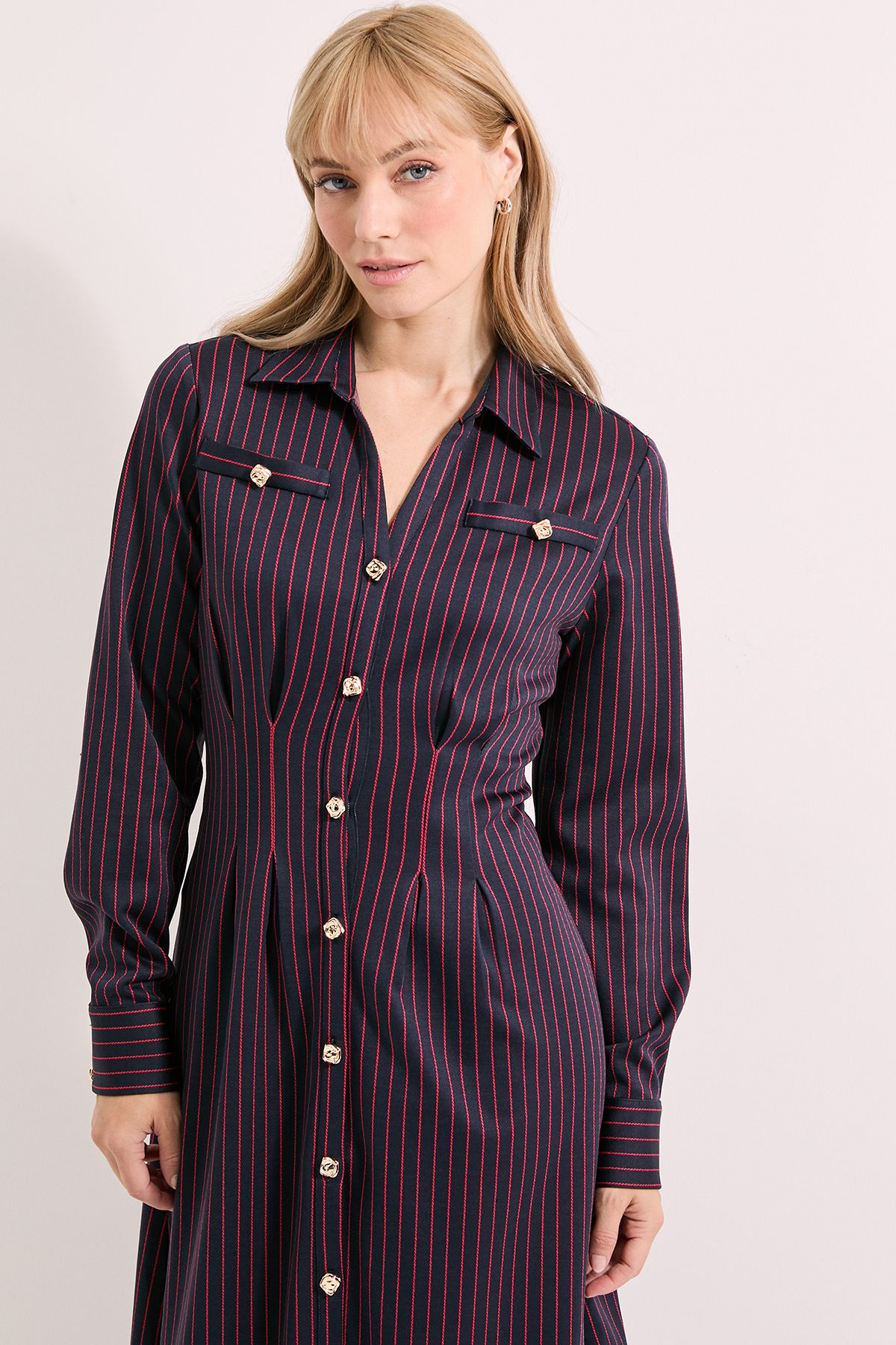 Principles Button Front Pinstripe Collared Shirt Dress Navy image 2