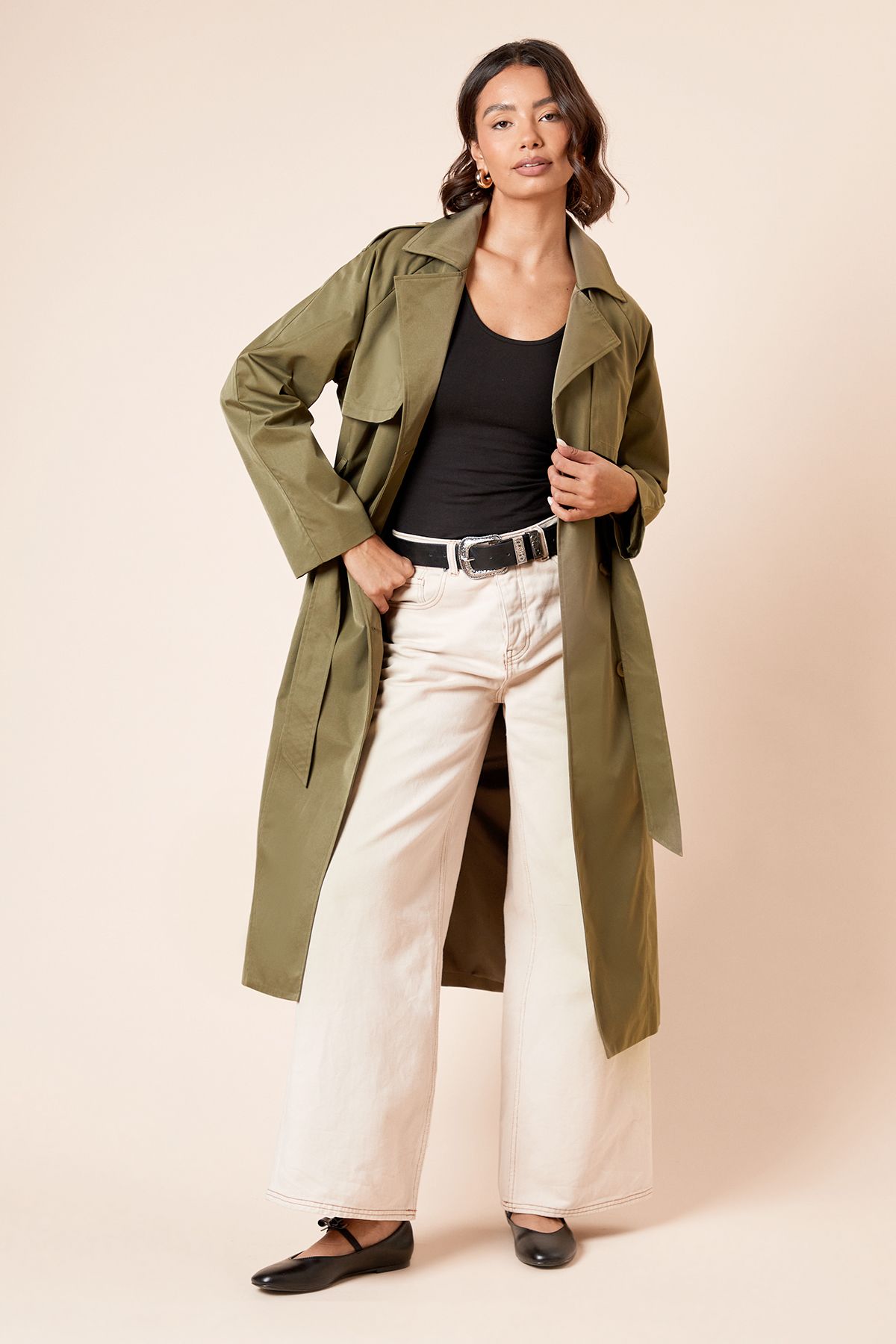 Dorothy Perkins Longline Double Breasted Belted Trench Coat Khaki image 1